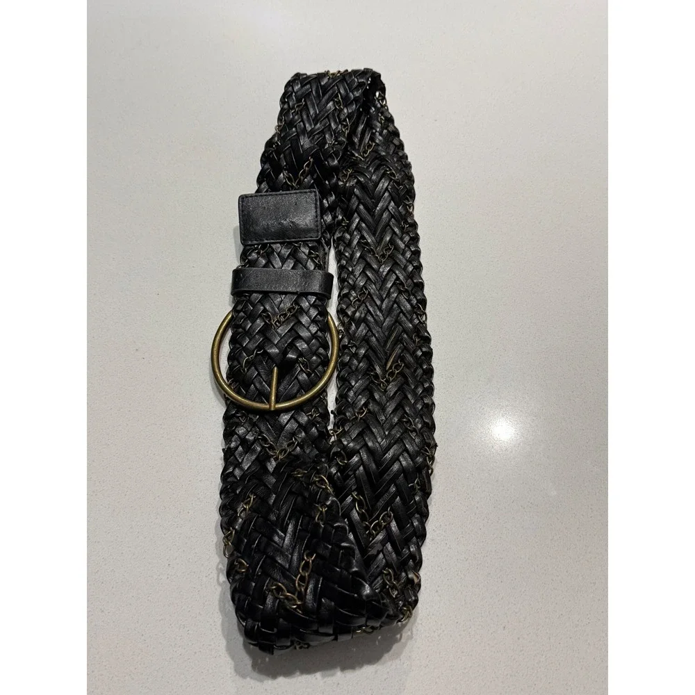 Black Braided Leather Chain Interlaced Wide Belt Antique Brass Circle Buckle